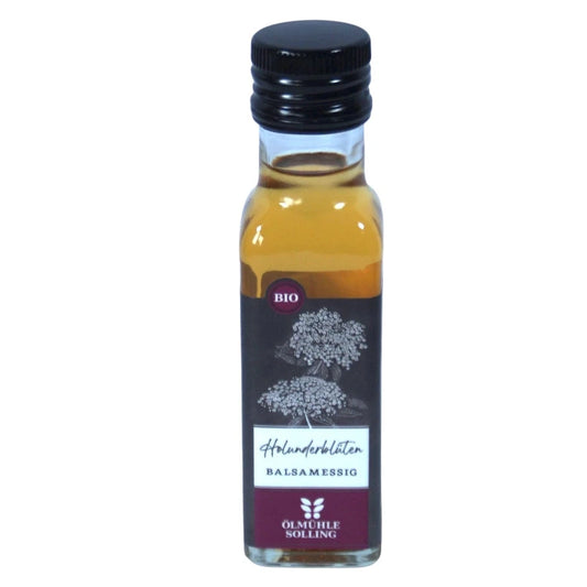 Ölmühle Solling Bio Holunderblüten Balsamessig in der 100ml Flasche auf weißem Hintergrund