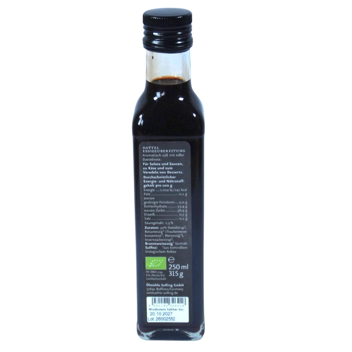 Ölmühe Solling Etikett Rückseite Bio Dattel Essigcreme in der 100ml Flasche auf weißem Hintergrund