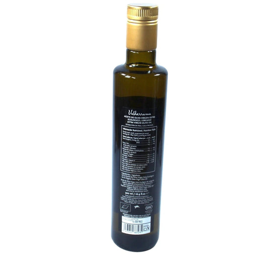 Bio Olivenöl Spanien Valderrama Etikett Rückseite in der 500ml Flasche auf weißem Hintergrund