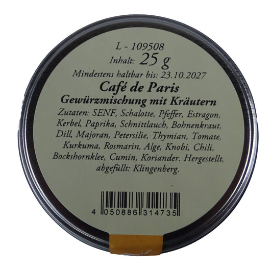 ltes Gewürzamt Café de Paris Klassische Brasserie Kräuter-Gewürzmischung, grüne Gewürzdose Ansicht Deckel auf hellem Hintergrund