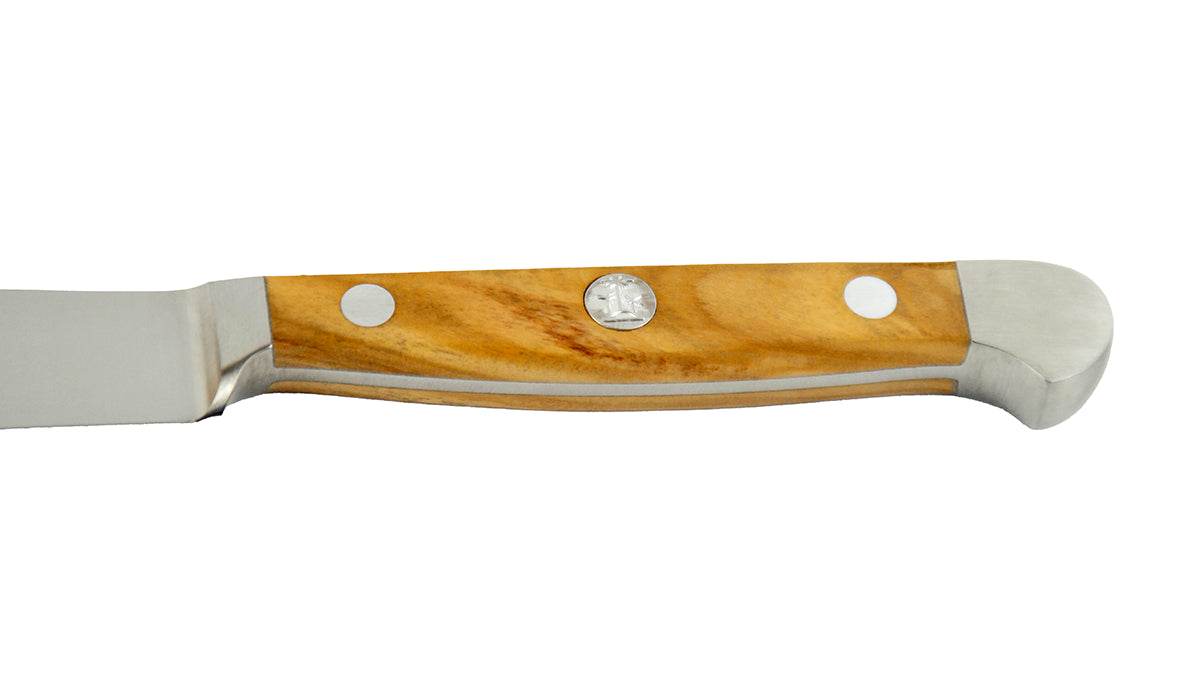 GÜDE Olivenholzgriff des Tafelmesser Alpha Olive X314/12 mit 12 cm Klingenlänge und Olivenholz-Griff auf weißem Hintergrund