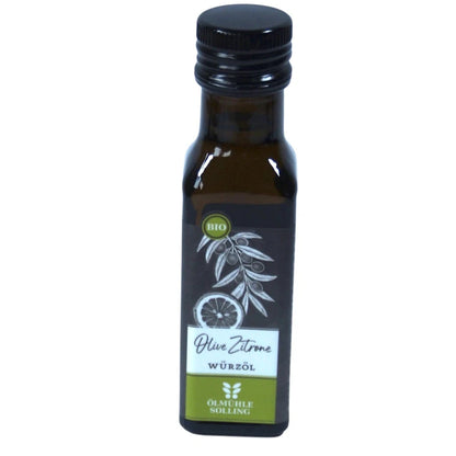 Ölmühe Solling Olive Zitrone Würzöl in der 100ml Flasche auf weißem Hintergrund