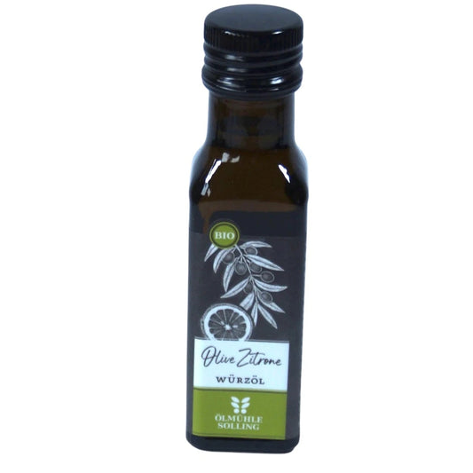 Ölmühe Solling Olive Zitrone Würzöl in der 100ml Flasche auf weißem Hintergrund