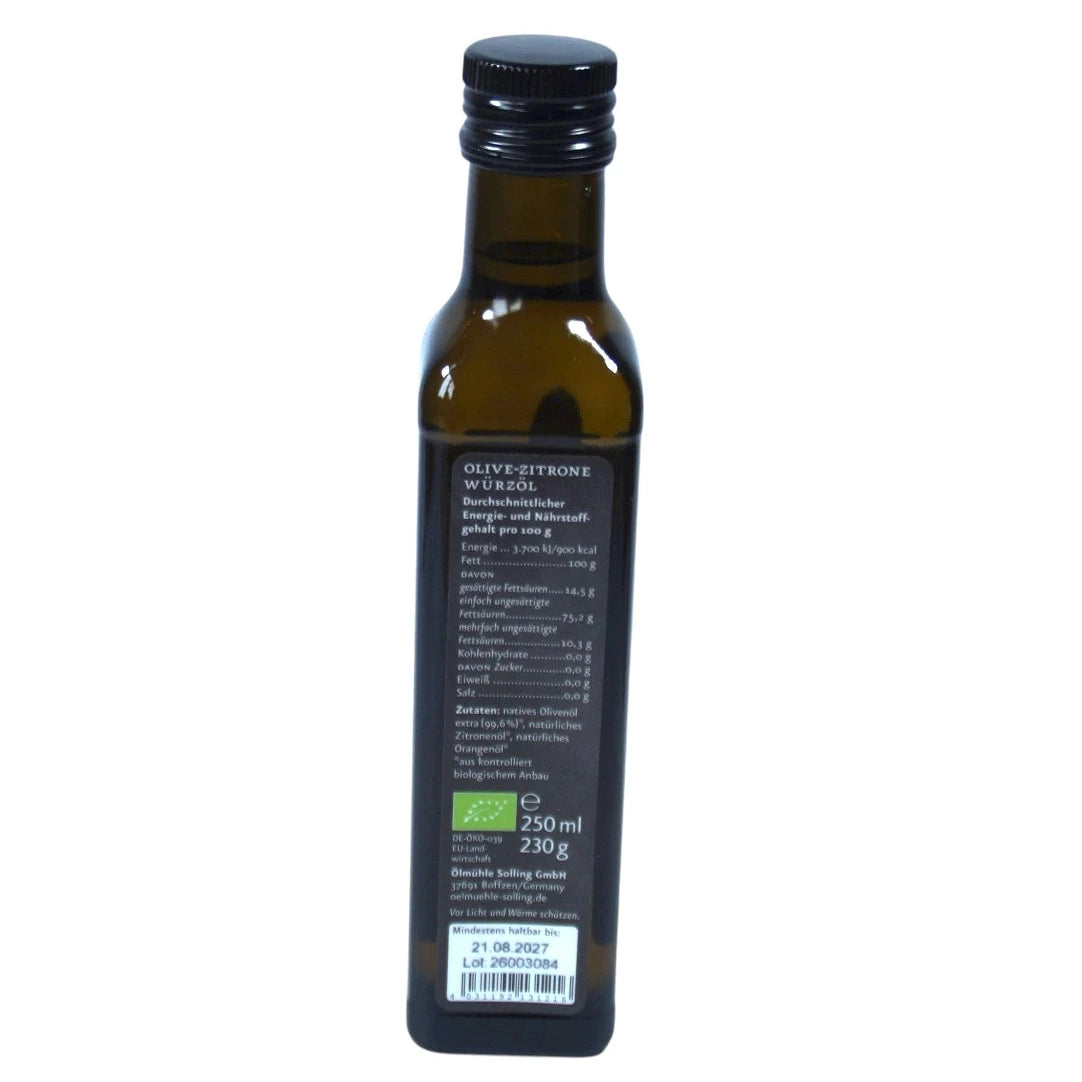 Ölmühe Solling Etikett Rückseite Olive Zitrone Würzöl in der 250ml Flasche  auf weißem Hintergrund