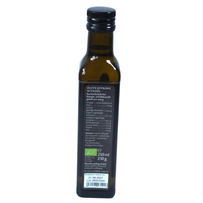 Ölmühe Solling Etikett Rückseite Olive Zitrone Würzöl in der 250ml Flasche  auf weißem Hintergrund