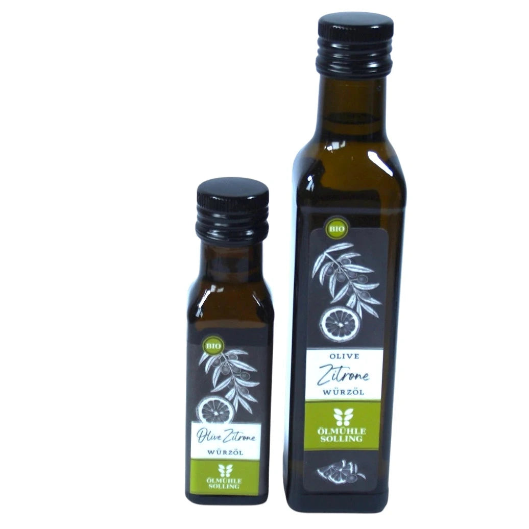 Ölmühe Solling Olive Zitrone Würzöl in der 100ml und  250ml Flasche auf weißem Hintergrund