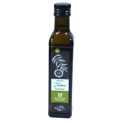 Ölmühe Solling Olive Zitrone Würzöl in der 250ml Flasche auf weißem Hintergrund