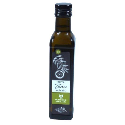 Ölmühe Solling Olive Zitrone Würzöl in der 250ml Flasche auf weißem Hintergrund
