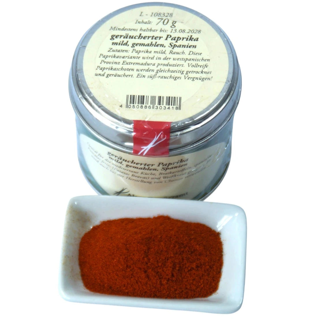 Altes Gewürzamt Geräucherter Paprika mild Pimentón de la Vera Dulce, grüne Gewürzdose von oben und ein kleines Schälchen mit Paprikapulver auf hellem Hintergrund