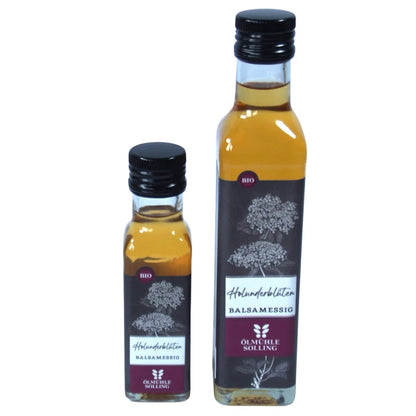 Ölmühle Solling Bio Holunderblüten Balsamessig in der 100ml und 250ml Flasche auf weißem Hintergrund