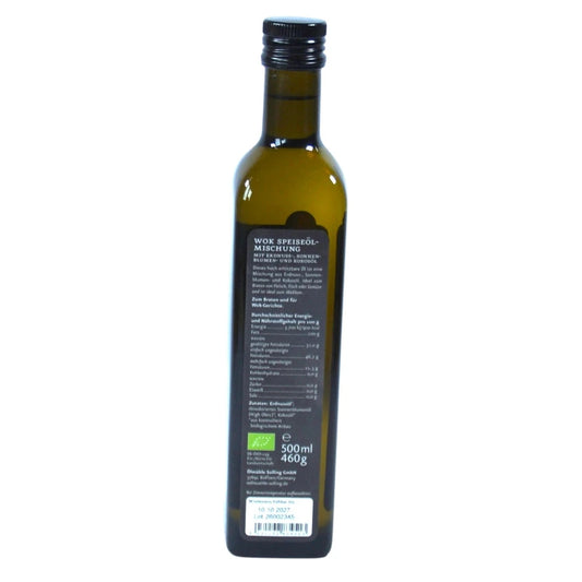 Ölmühle Solling Etikett Rückseite Bio Woköl in der 500ml Flasche auf weißem Hintergrund