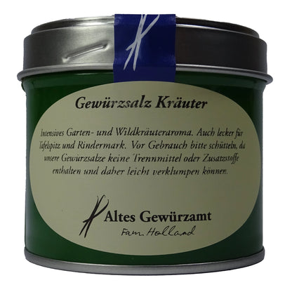 Altes Gewürzamt Gewürzsalz Kräuter Mediterranes Meersalz mit Wildkräutern, grüne Gewürzdose auf hellem Hintergrund