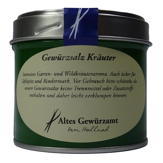 Altes Gewürzamt Gewürzsalz Kräuter Mediterranes Meersalz mit Wildkräutern, grüne Gewürzdose auf hellem Hintergrund