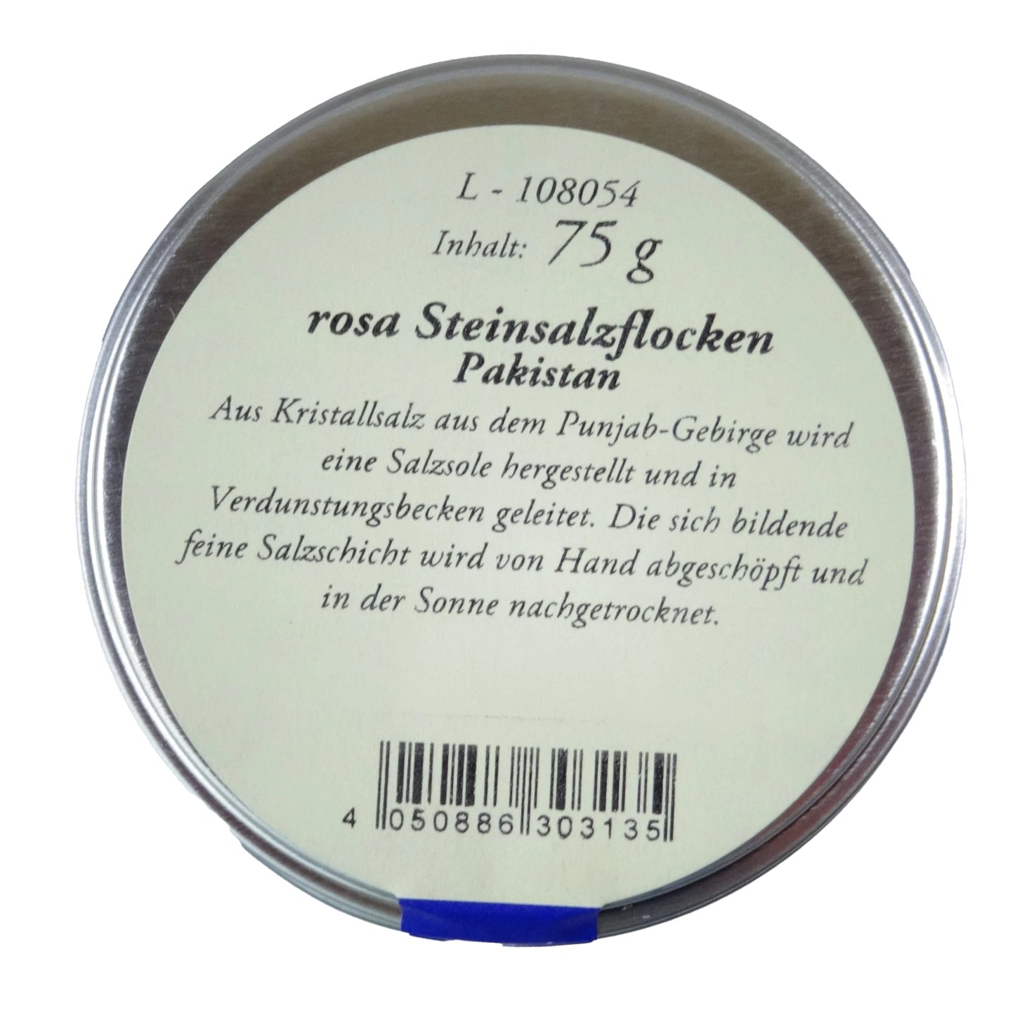 Altes Gewürzamt Rosa Steinsalzflocken, grüne Gewürzdose von oben auf hellem Hintergrund