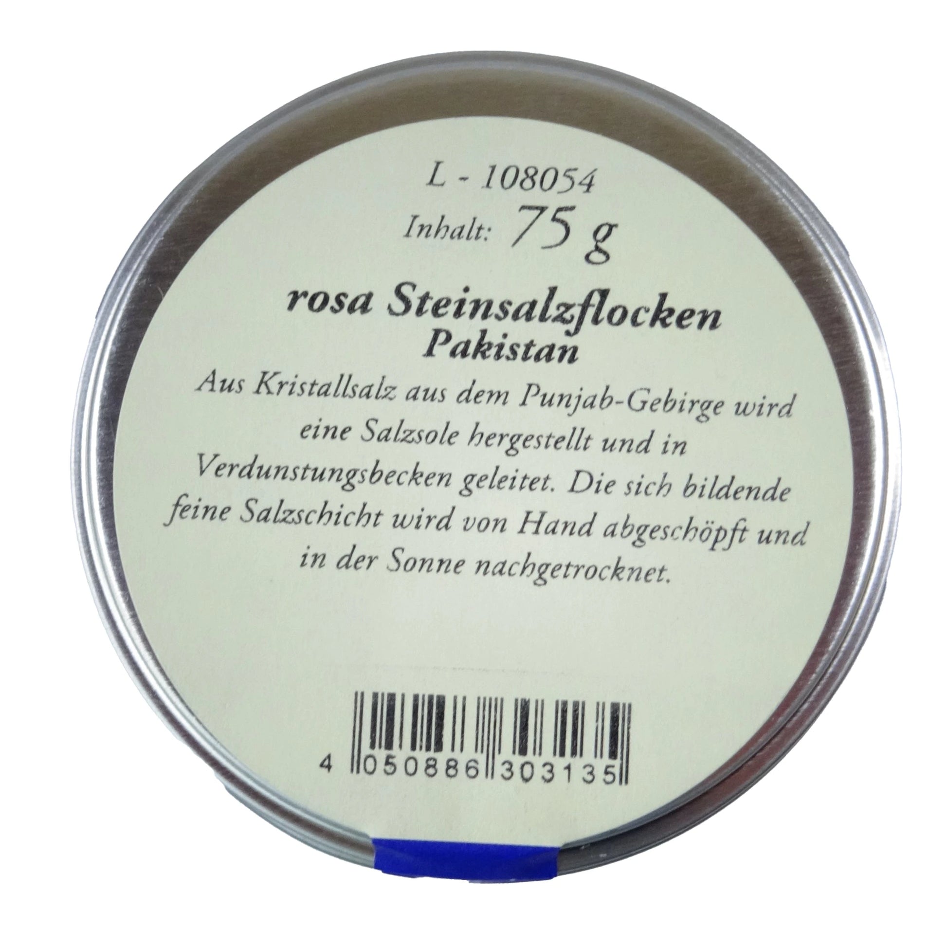 Altes Gewürzamt Rosa Steinsalzflocken, grüne Gewürzdose von oben auf hellem Hintergrund