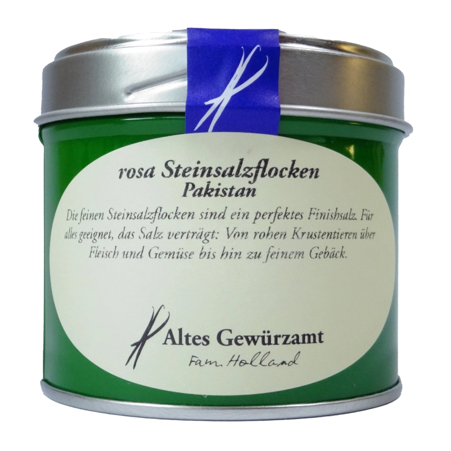 Altes Gewürzamt Rosa Steinsalzflocken, grüne Gewürzdose auf hellem Hintergrund
