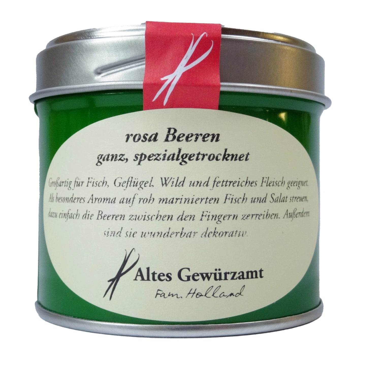 Altes Gewürzamt Rosa Beeren ganz Milde Schinusfrucht, grüne Gewürzdose auf hellem Hintergrund