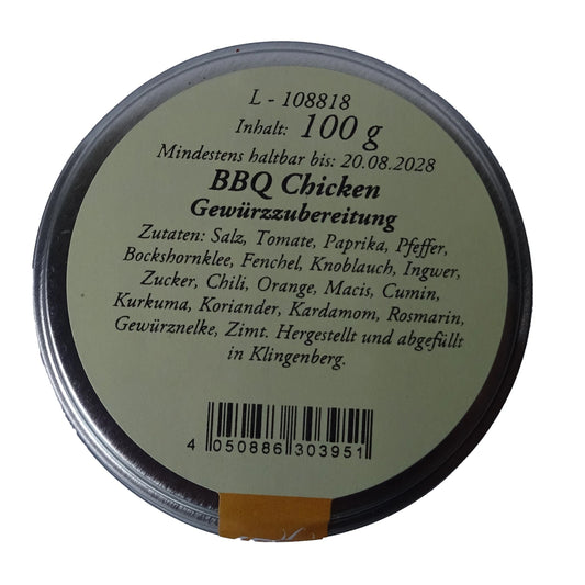 Altes Gewürzamt BBQ Chicken Premium Geflügel-Rub, grüne Gewürzdose Ansicht Deckel auf hellem Hintergrund