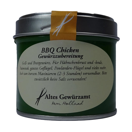 Altes Gewürzamt BBQ Chicken Premium Geflügel-Rub, grüne Gewürzdose auf hellem Hintergrund
