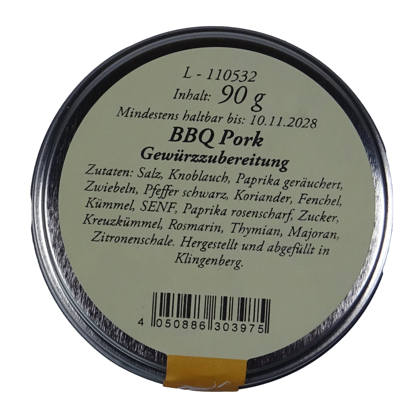 Altes Gewürzamt BBQ Pork Premium Grill-Rub, grüne Gewürzdose Ansicht Deckel auf hellem Hintergrund