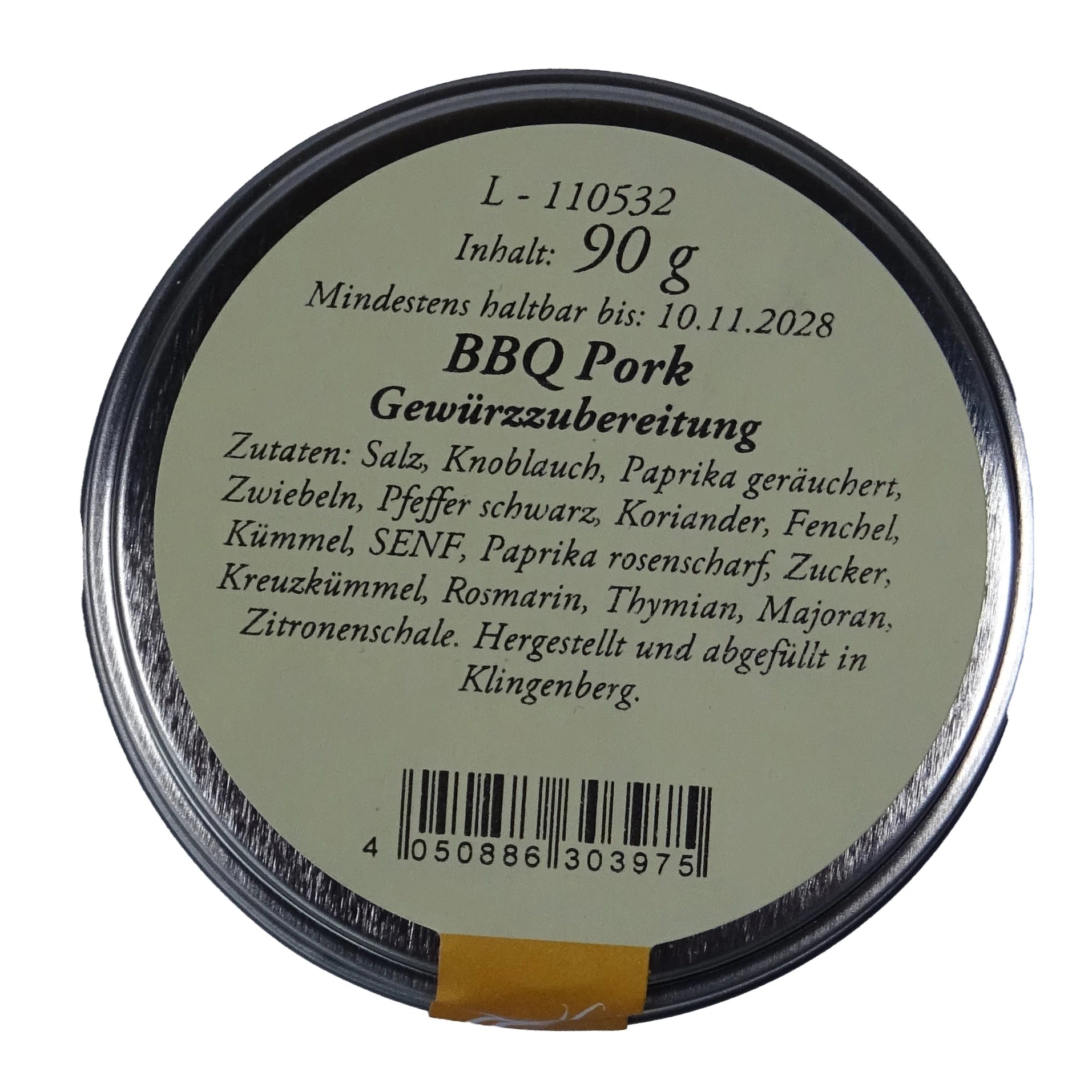 Altes Gewürzamt BBQ Pork Premium Grill-Rub, grüne Gewürzdose Ansicht Deckel auf hellem Hintergrund
