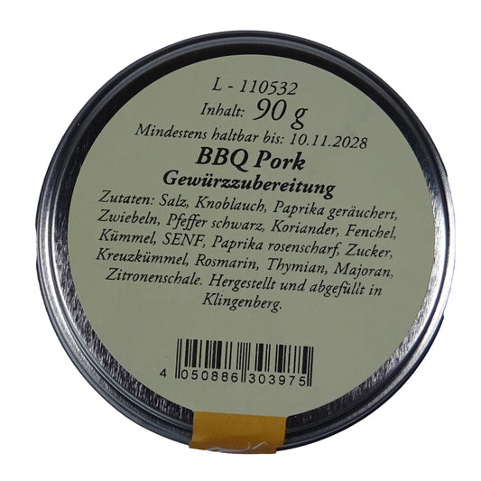 Altes Gewürzamt BBQ Pork Premium Grill-Rub, grüne Gewürzdose Ansicht Deckel auf hellem Hintergrund