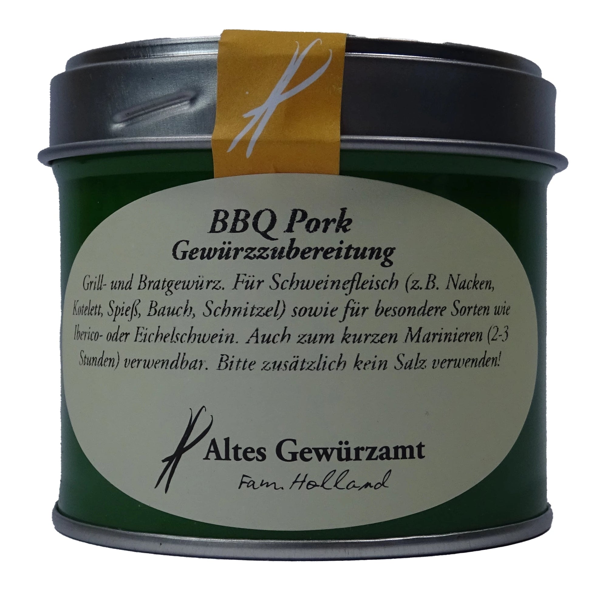 Altes Gewürzamt BBQ Pork Premium Grill-Rub, grüne Gewürzdose auf hellem Hintergrund
