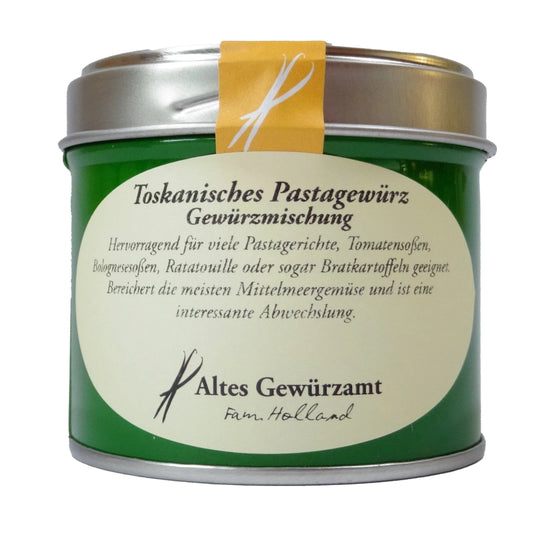 Altes Gewürzamt Toskanisches Pastagewürz Mediterrane Premium-Mischung für Pasta und Pizza, grüne Gewürzdose auf hellem Hintergrund