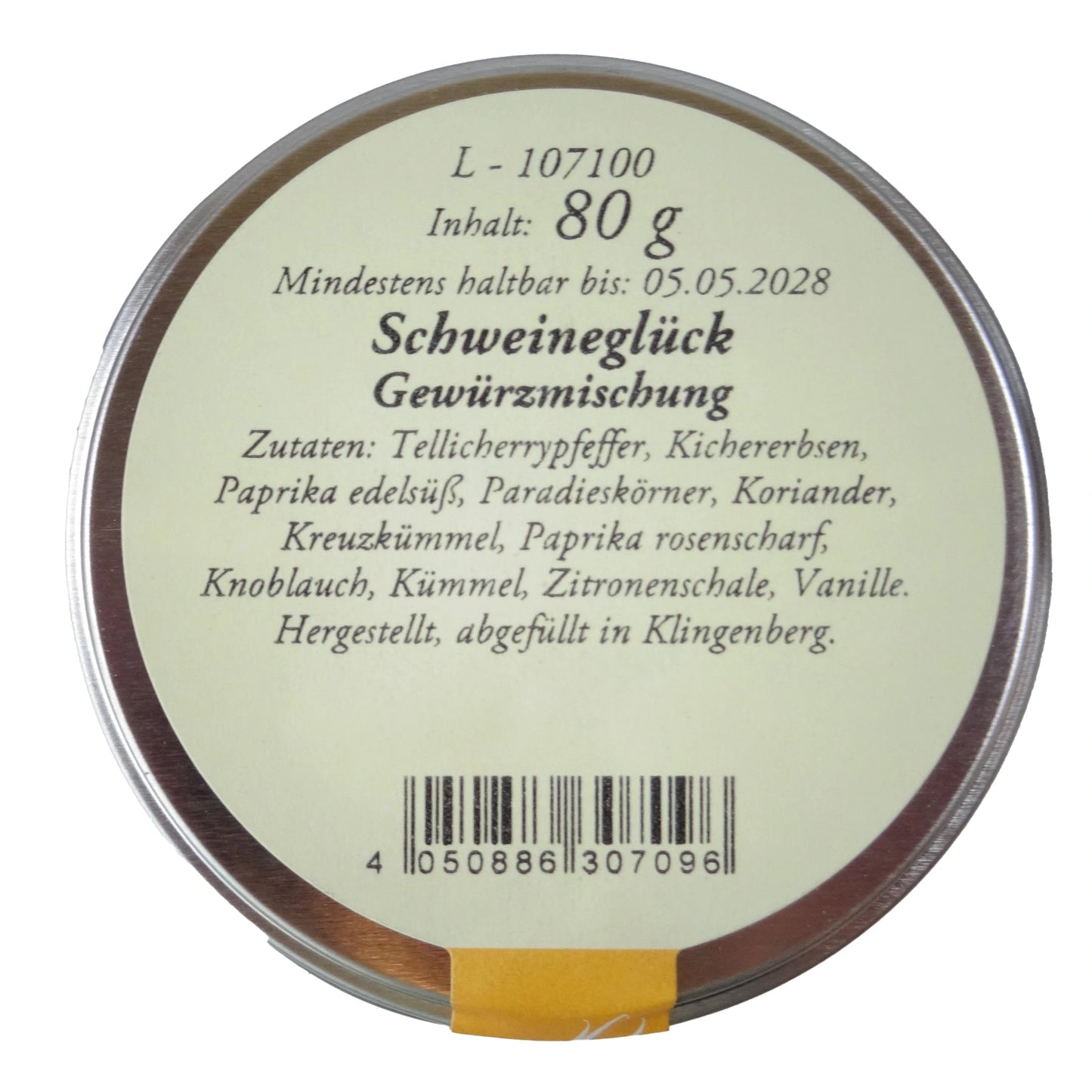 Altes Gewürzamt Schweineglück Premium-BBQ-Rub, grüne Gewürzdose von oben auf hellem Hintergrund