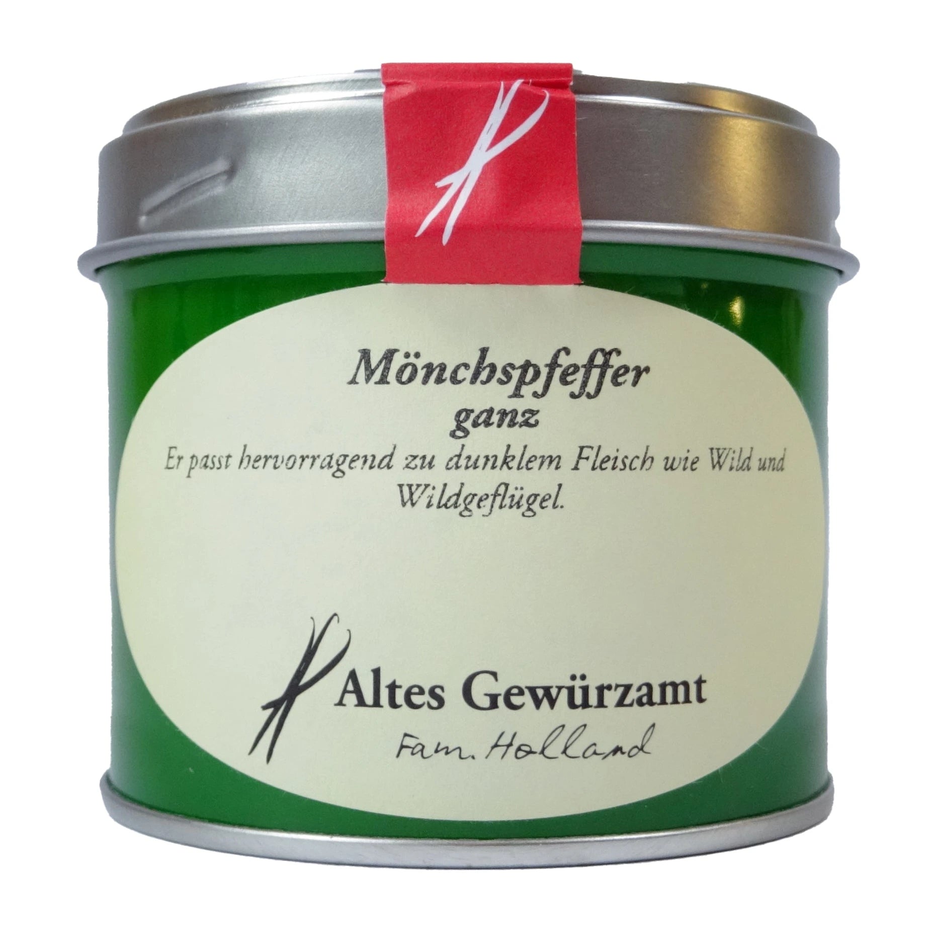 Altes Gewürzamt Mönchspfeffer ganz Keuschlammsamen, grüne Gewürzdose auf hellem Hintergrund