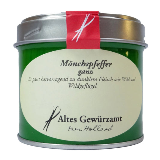 Altes Gewürzamt Mönchspfeffer ganz Keuschlammsamen, grüne Gewürzdose auf hellem Hintergrund