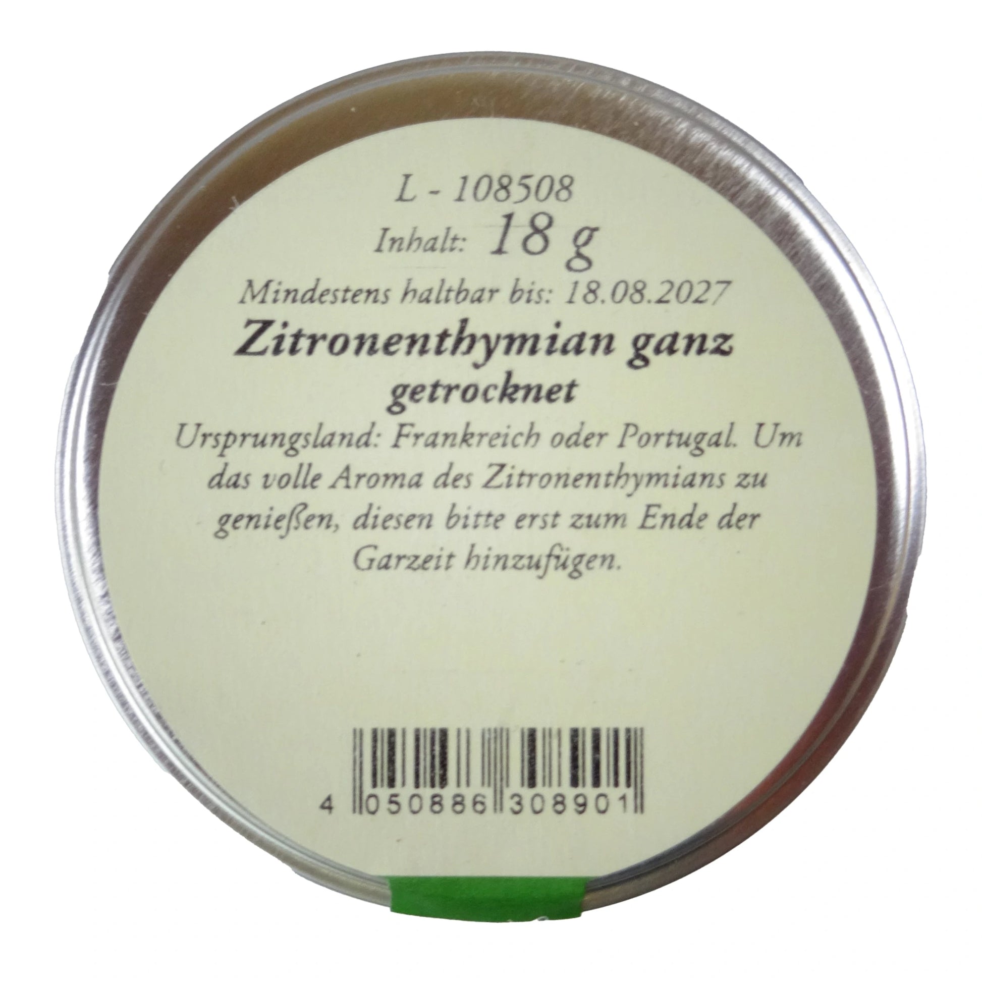 Altes Gewürzamt Zitronenthymian Reines mediterranes Premium-Würzkraut, grüne Gewürzdose von oben auf hellem Hintergrund