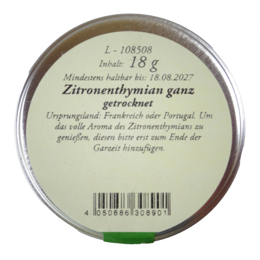 Altes Gewürzamt Zitronenthymian Reines mediterranes Premium-Würzkraut, grüne Gewürzdose von oben auf hellem Hintergrund