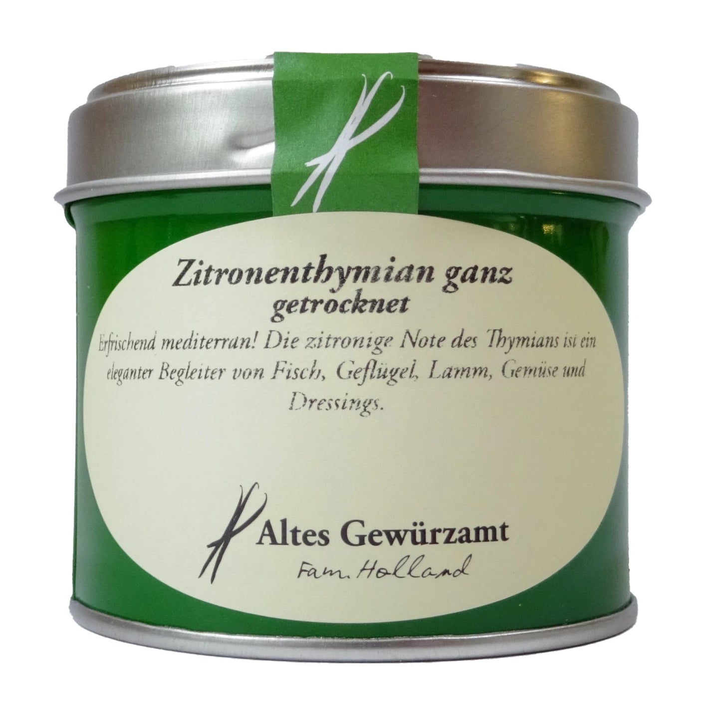 Altes Gewürzamt Zitronenthymian Reines mediterranes Premium-Würzkraut, grüne Gewürzdose auf hellem Hintergrund