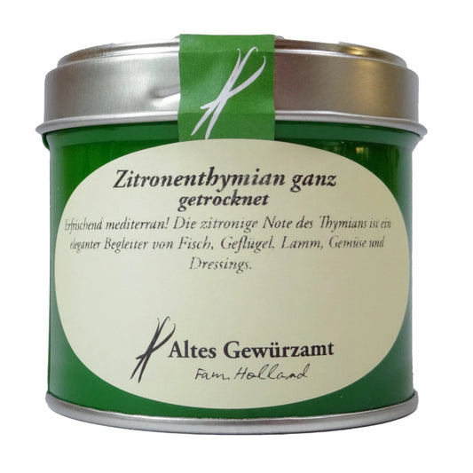 Altes Gewürzamt Zitronenthymian Reines mediterranes Premium-Würzkraut, grüne Gewürzdose auf hellem Hintergrund