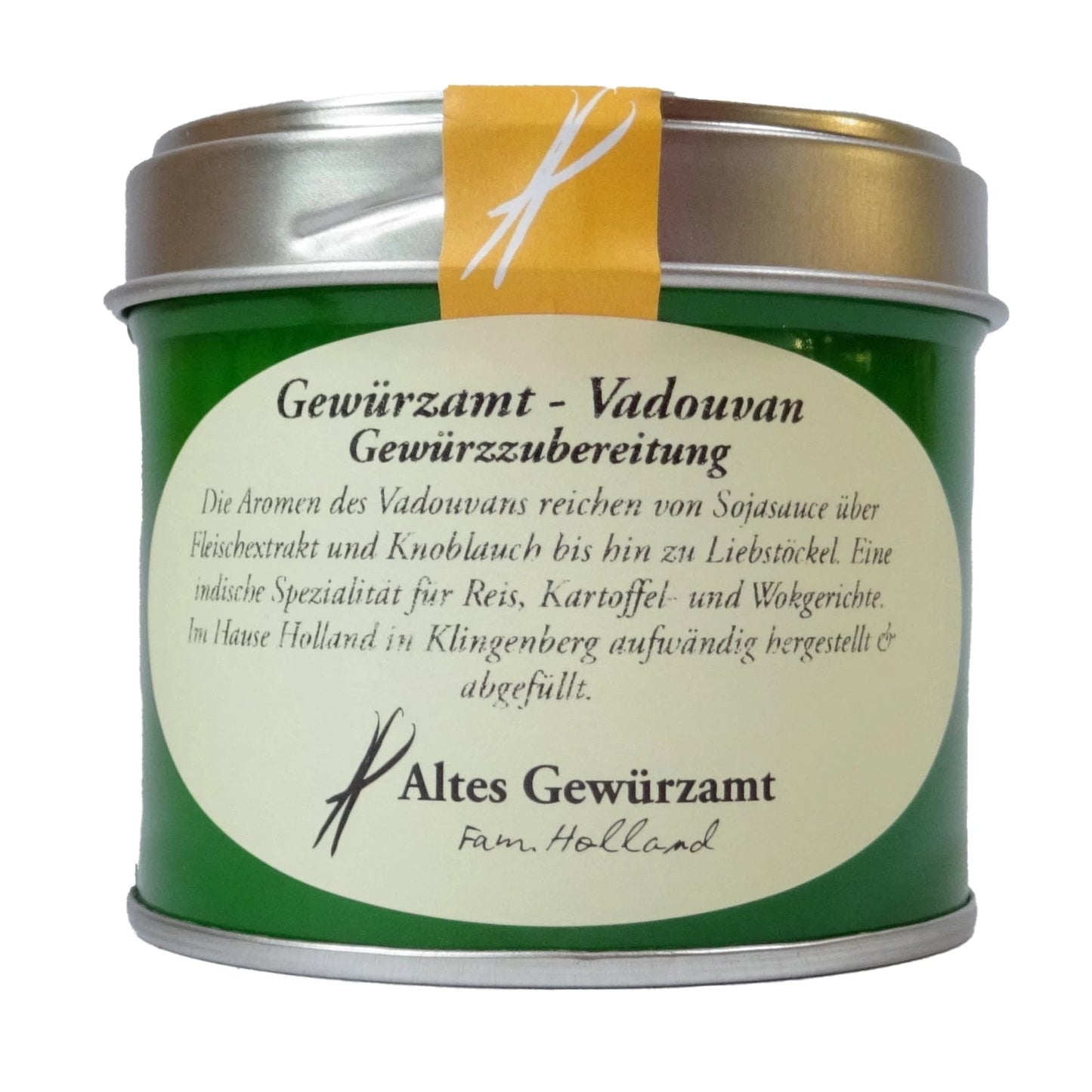Altes Gewürzamt Vadouvan Fermentierte indo-französische Premium-Gewürzmischung, grüne Gewürzdose auf hellem Hintergrund