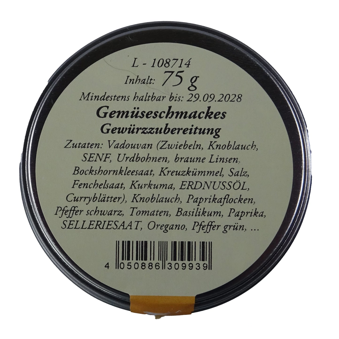 Altes Gewürzamt Gemüseschmackes Mediterranes Premium-Allzweckgewürz, grüne Gewürzdose Ansicht Deckel auf hellem Hintergrund