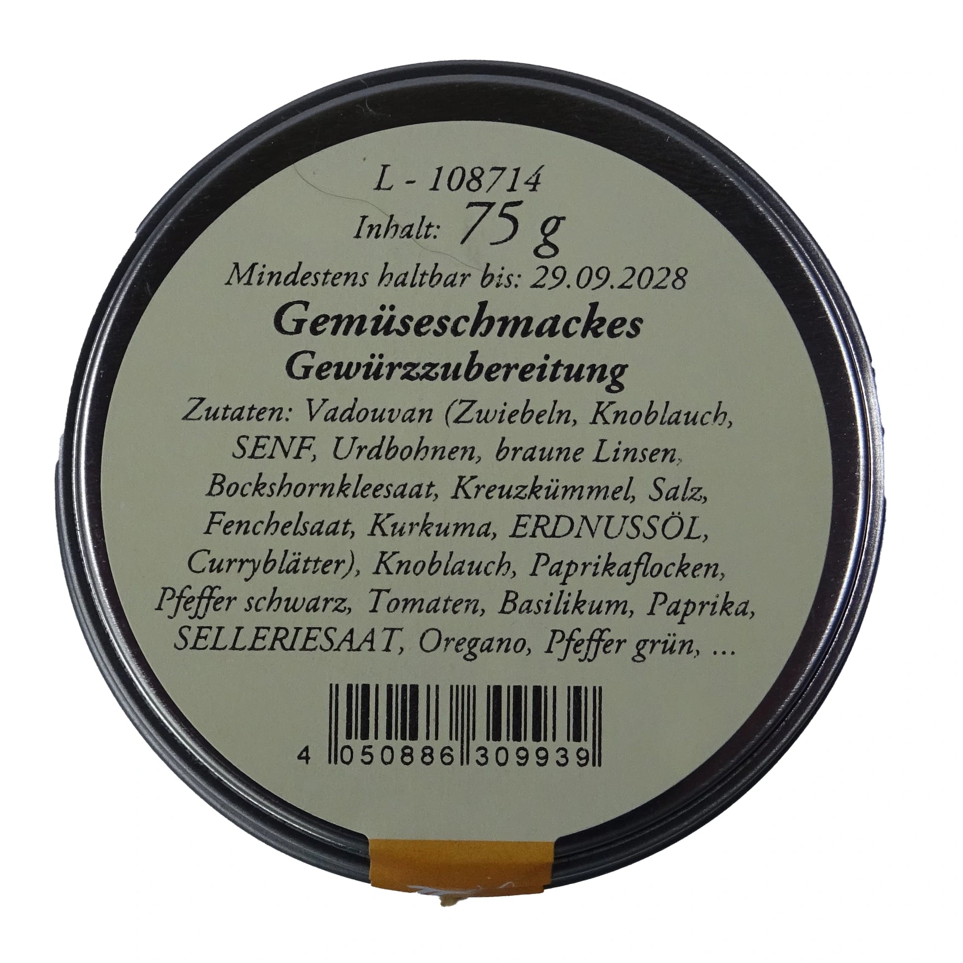Altes Gewürzamt Gemüseschmackes Mediterranes Premium-Allzweckgewürz, grüne Gewürzdose Ansicht Deckel auf hellem Hintergrund