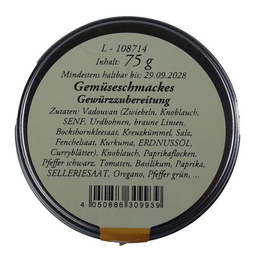 Altes Gewürzamt Gemüseschmackes Mediterranes Premium-Allzweckgewürz, grüne Gewürzdose Ansicht Deckel auf hellem Hintergrund