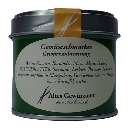 Altes Gewürzamt Gemüseschmackes Mediterranes Premium-Allzweckgewürz, grüne Gewürzdose auf hellem Hintergrund