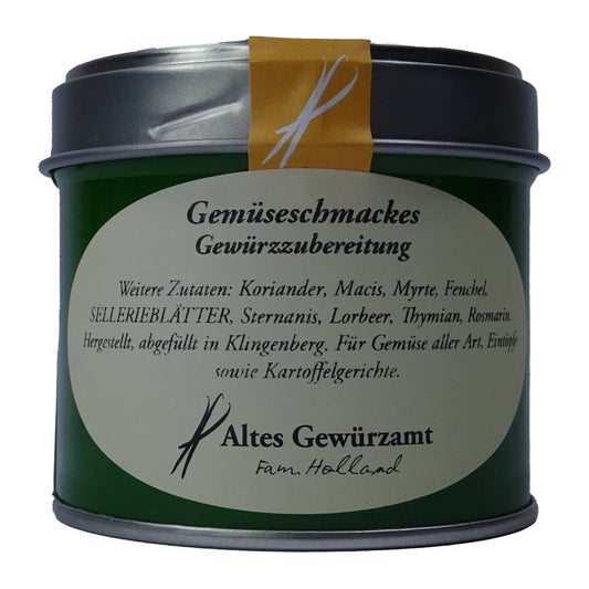 Altes Gewürzamt Gemüseschmackes Mediterranes Premium-Allzweckgewürz, grüne Gewürzdose auf hellem Hintergrund