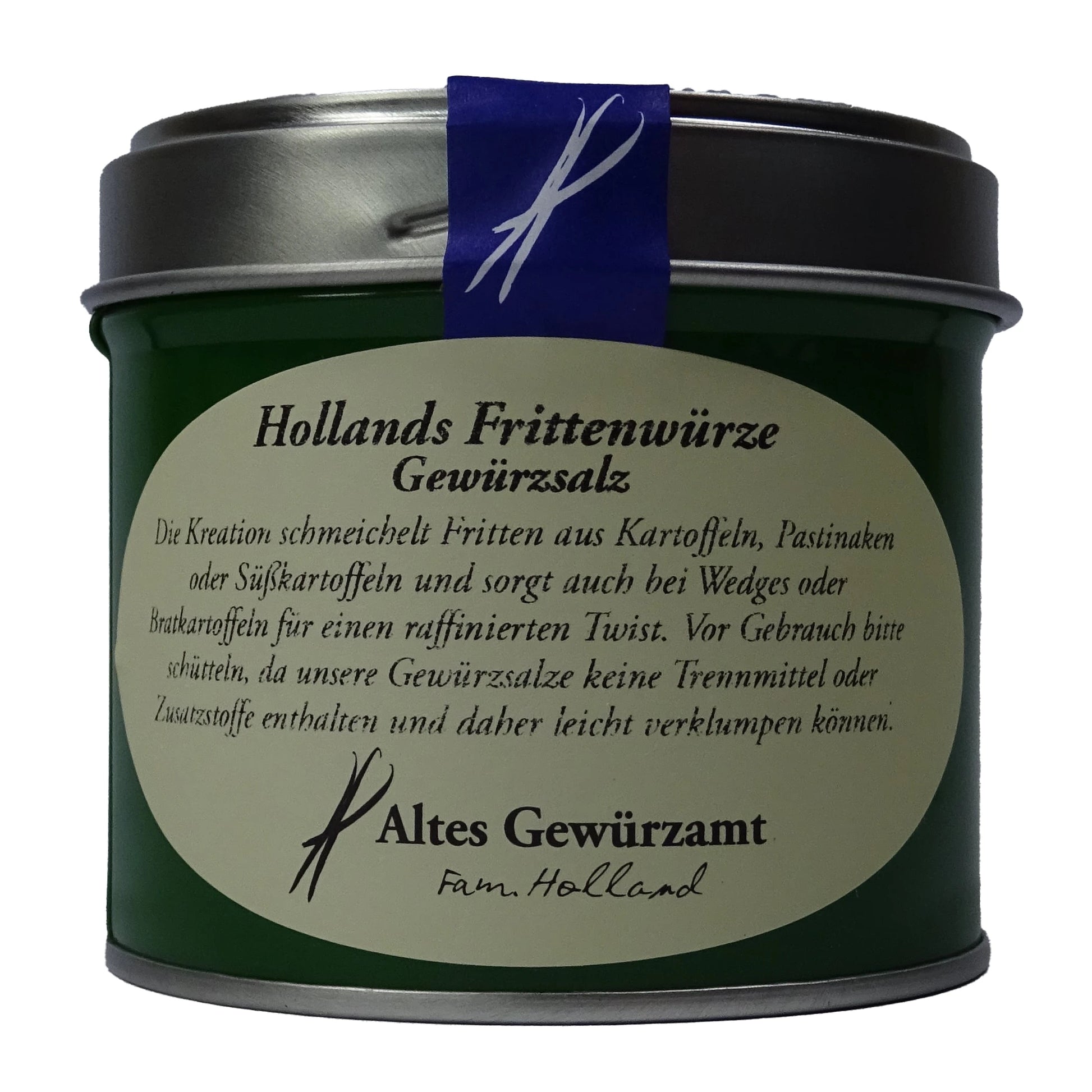 Altes Gewürzamt Hollands Frittenwürze Premium Pommessalz mit Liebstöckel, grüne Gewürzdose auf hellem Hintergrund