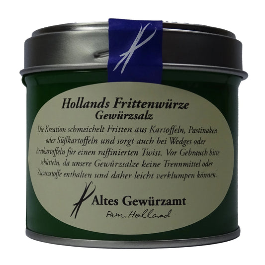 Altes Gewürzamt Hollands Frittenwürze Premium Pommessalz mit Liebstöckel, grüne Gewürzdose auf hellem Hintergrund