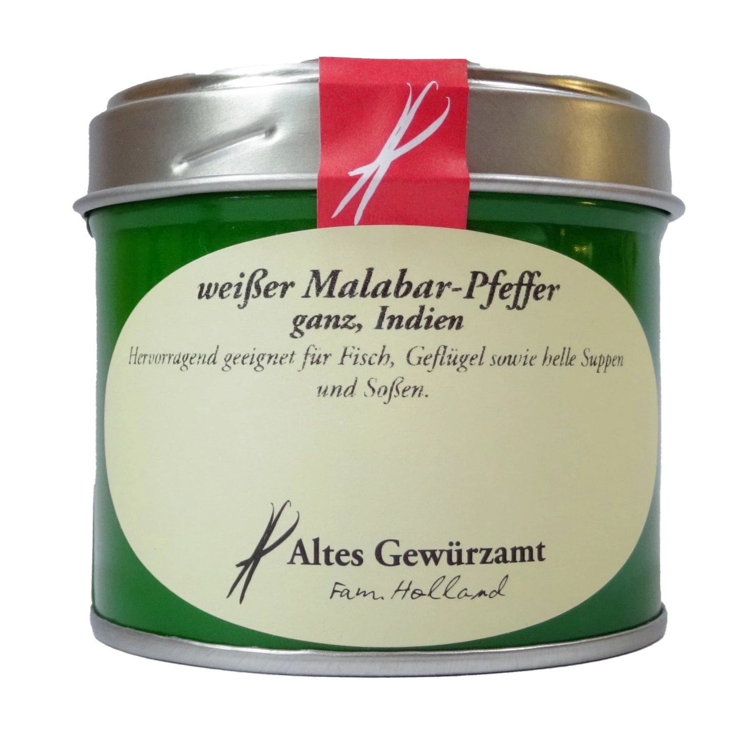 Altes Gewürzamt Weißer Malabar-Pfeffer Reifer indischer Sortenpfeffer, grüne Gewürzdose auf hellem Hintergrund