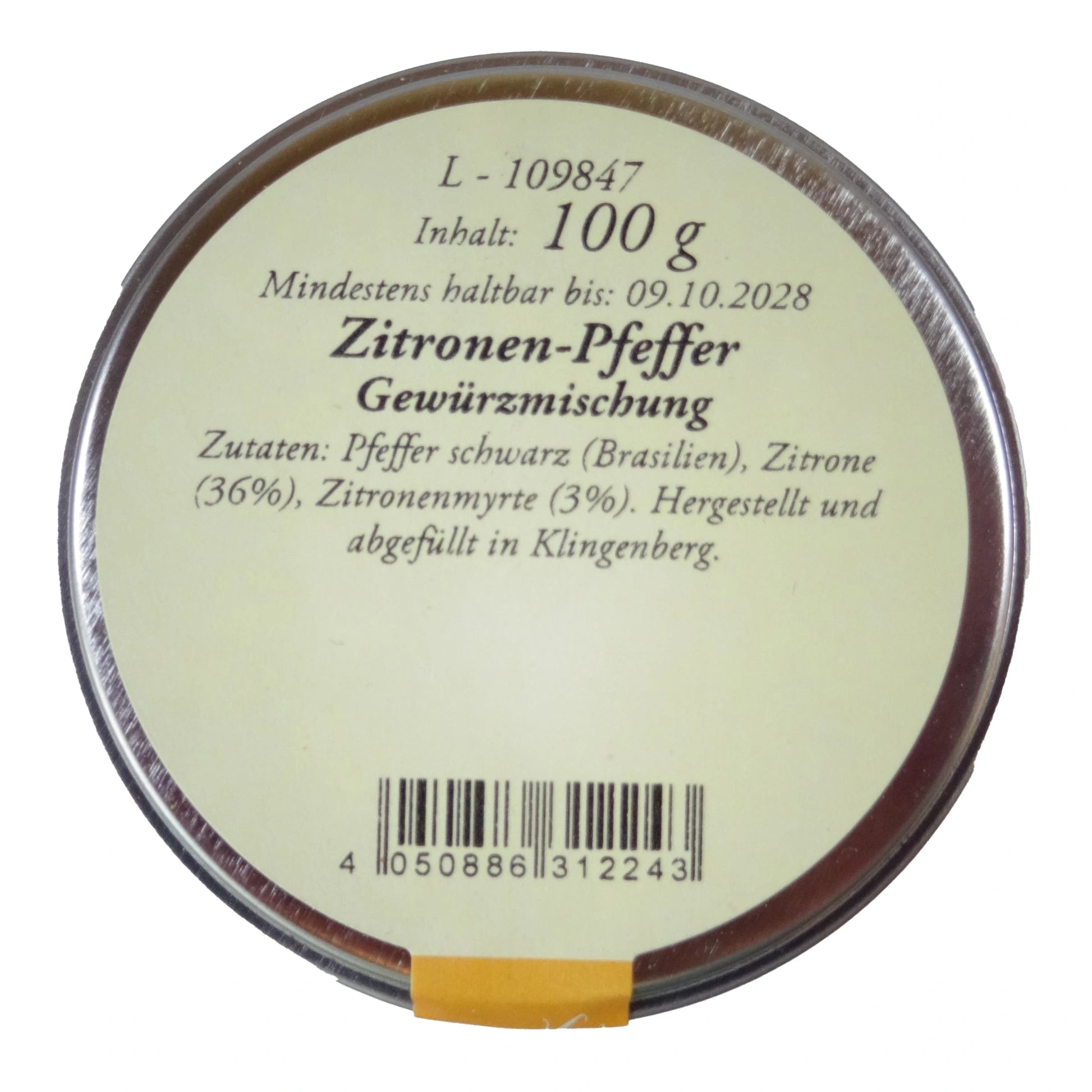 Altes Gewürzamt Zitronen-Pfeffer Premium-Pfeffermischung mit 36 % echter Zitrone, grüne Gewürzdose von oben auf hellem Hintergrund