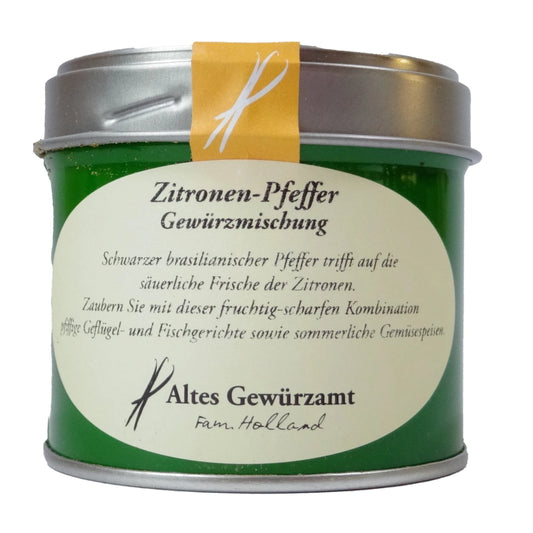 Altes Gewürzamt Zitronen-Pfeffer Premium-Pfeffermischung mit 36 % echter Zitrone, grüne Gewürzdose auf hellem Hintergrund