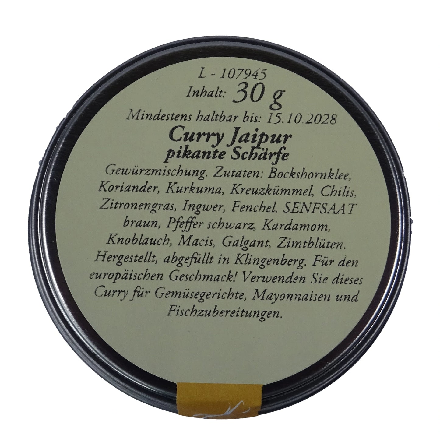 Altes Gewürzamt Curry Jaipur Pikant-frische Premium-Currymischung, grüne Gewürzdose Ansicht Deckel auf hellem Hintergrund