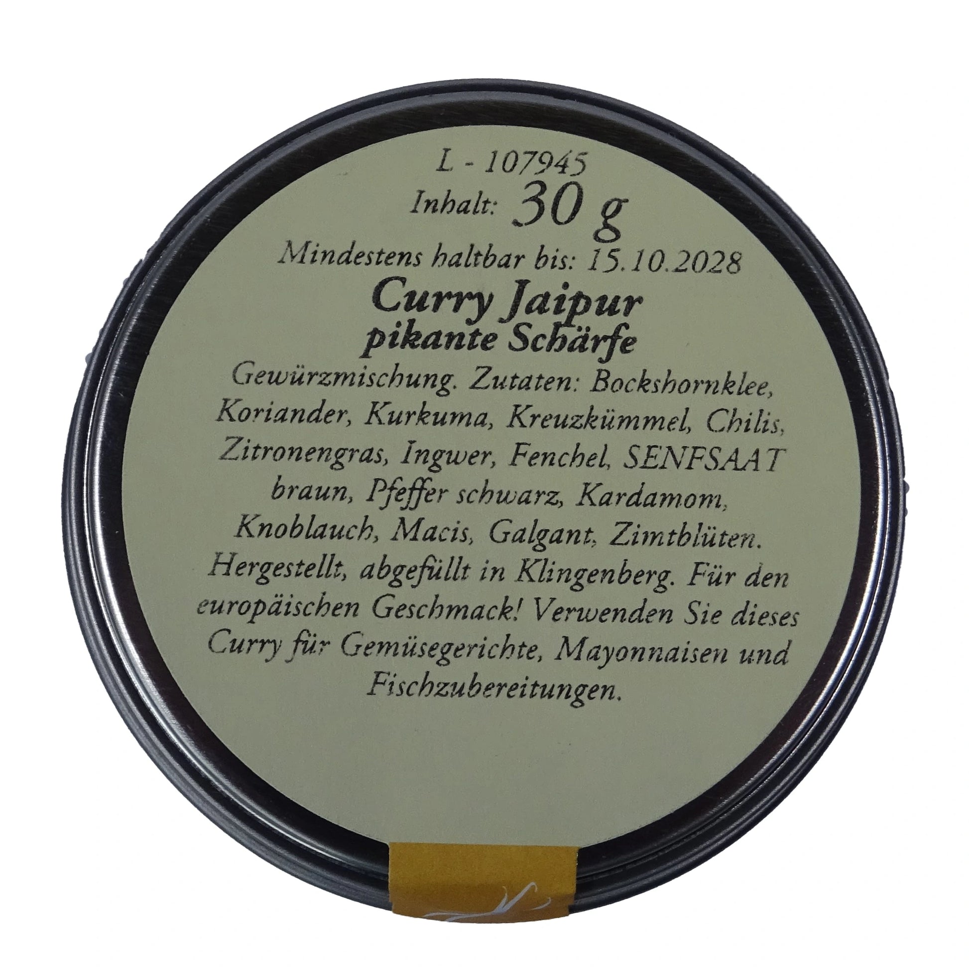 Altes Gewürzamt Curry Jaipur Pikant-frische Premium-Currymischung, grüne Gewürzdose Ansicht Deckel auf hellem Hintergrund