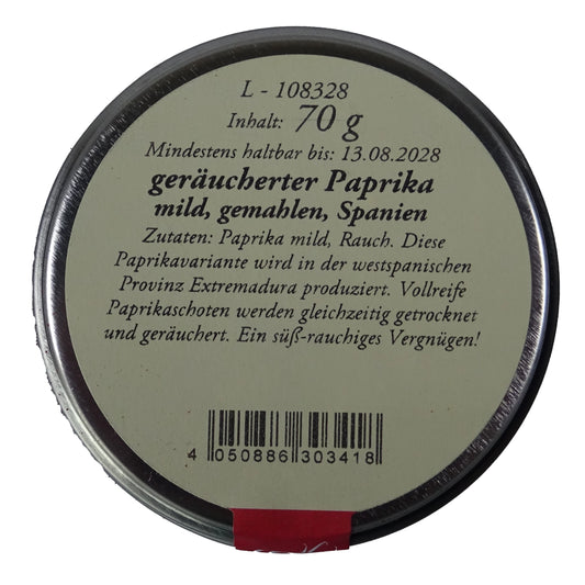 Altes Gewürzamt Geräucherter Paprika mild Pimentón de la Vera Dulce, grüne Gewürzdose Ansicht Deckel auf hellem Hintergrund