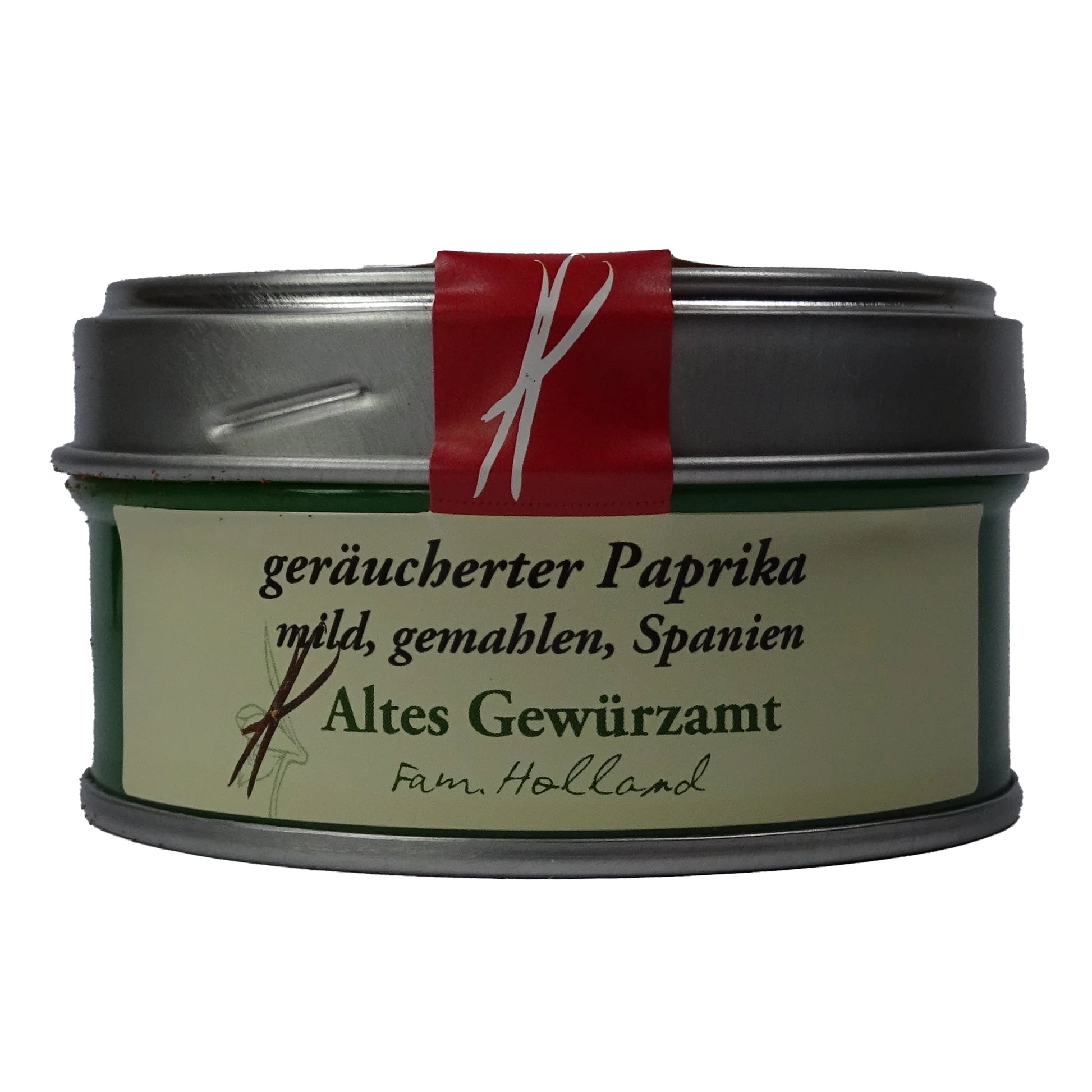 Altes Gewürzamt Geräucherter Paprika mild Pimentón de la Vera Dulce, grüne Gewürzdose auf hellem Hintergrund